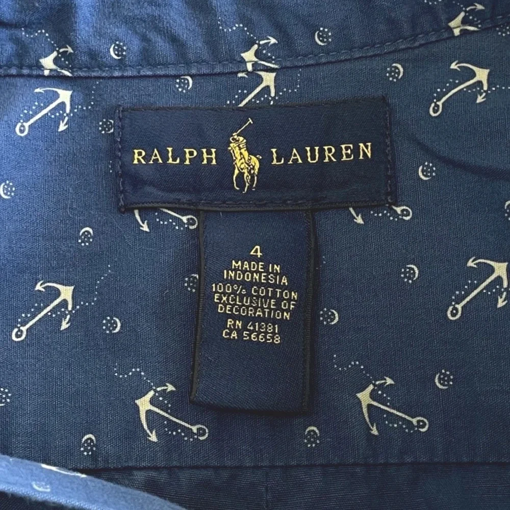 Ralph Lauren Kids Blue Anchor Print Cotton Button Down Shirt Size 4 Long‎ Sleeve